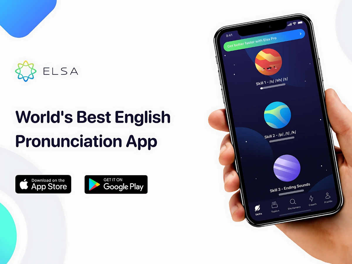 شاشة هاتف تعرض واجهة تطبيق ELSA Speak مع ملاحظات حول النطق